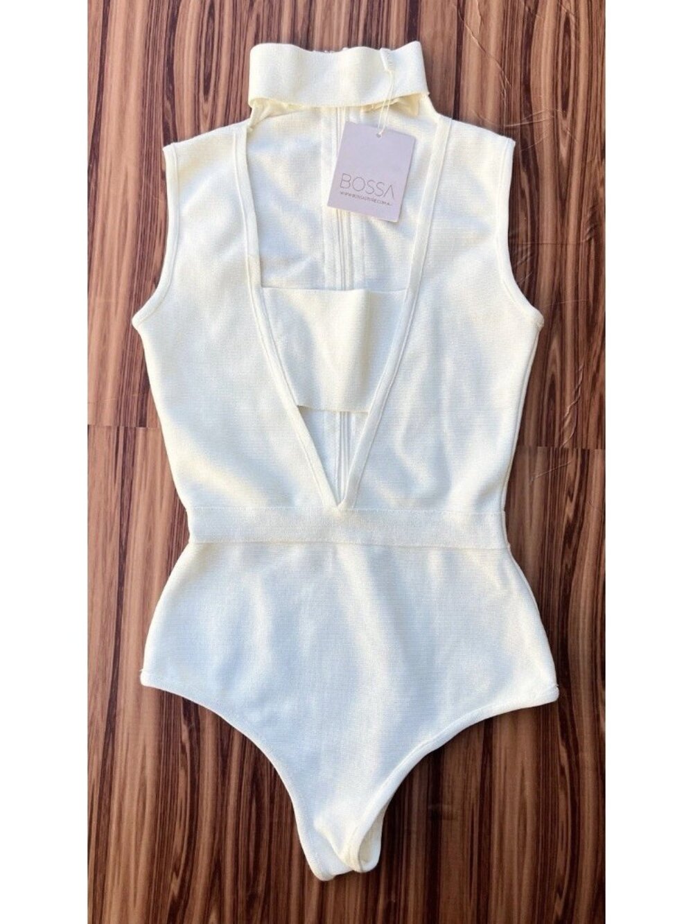 Bossa Ivory Bandage Bodysuit Mock Neck Cut Out Square Size S NWT